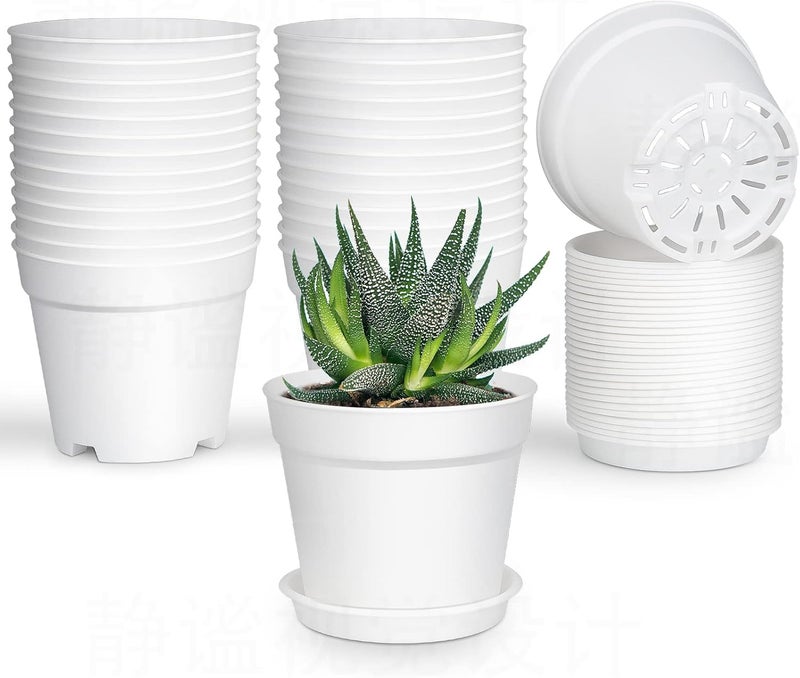 SwinDuck 28 Pack 4 inch Small Plant Pots, Plastic Planters with Drainage Holes and Saucers for Flowers Plants, Succulents, Seed Starting Pots, White - Image 1